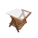 MESA LATERAL ACABADO DE MADERA Y TOPE DE VIDRIO TRANSPARENTE