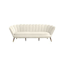 SOFA ESTACIONARIO DE 3 ASIENTOS EN TELA BEIGE Y PATAS MARRONES CON CASQUILLOS DORADOS