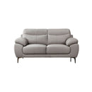 SOFA ESTACIONARIO DE DOS ASIENTOS CON FRENTE DE PIEL GRIS Y PATAS NEGRAS