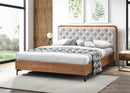 CAMA QUEEN EN TELA BEIGE Y ACABADO EN MADERA