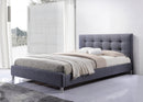 CAMA QUEEN TAPIZADA EN TELA GRIS Y PATAS PLATEADAS