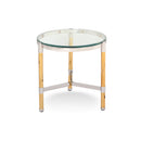 MESA LATERAL CON TOPE DE VIDRIO TRANSPARENTE Y PATAS DORADAS CON CASQUILLOS PLATEADOS
