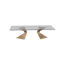 MESA DE COMEDOR CON TOPE DE VIDRIO TRANSPARENTE Y PATAS DORADAS