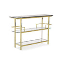 CONSOLA CON ESTANTE DE VIDRIO TRANSPARENTE Y BASE DORADA