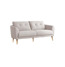 SOFA ESTACONARIO DE TRES ASIENTOS EN TELA BEIGE GRISACEO Y PATAS ACABADO MADERA NATURAL