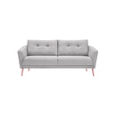 SOFA ESTACIONARIO DE TRES ASIENTOS EN TELA GRIS Y PATAS ACABADO DE MADERA NATURAL