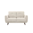 SOFA ESTACIONARIO DE TRES ASIENTOS EN TELA BEIGE Y PATAS MARRONES