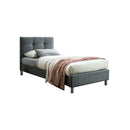 CAMA TWIN TAPIZADA EN TELA GRIS Y PATAS PLATEADAS