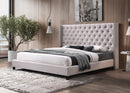 CAMA KING EN TELA BEIGE Y PATAS NEGRAS