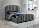 CAMA QUEEN TAPIZADA EN TELA SUAVE GRIS Y PATAS NEGRAS