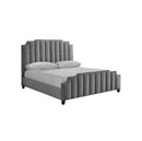 CAMA QUEEN TAPIZADA EN TELA SUAVE GRIS Y PATAS NEGRAS