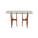 CONSOLA CON TOPE DE CRISTAL Y BASE DE ACERO ESTILO MADERA