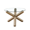 MESA DE COMEDOR TOPE DE CRISTAL Y BASE EN ACABADO DE MADERA