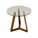 MESA LATERAL CON TOPE DE CRISTAL TRANSPARENTE BASE DE ACERO DORADA