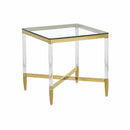 MESA LATERAL CON VIDRIO TRANSPARENTE EN ACABADO DORADO Y ACRILICO