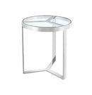 MESA LATERAL EN BASE PLATEADA BRILLANTE Y TOPE DE CRISTAL