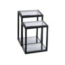 MESA LATERAL EN VIDRIO TRANSPARENTE Y ESPEJO CON BASE NEGRA