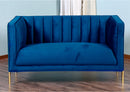SOFA ESTACIONARIO DE DOS ASIENTOS EN TELA SUAVE AZUL Y PATAS DORADAS