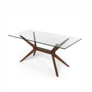 MESA DE COMEDOR CON TOPE DE CRISTAL Y PATAS EN ACABADO DE MADERA