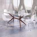 MESA DE COMEDOR CON TOPE DE CRISTAL Y PATAS EN ACABADO DE MADERA