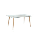 MESA DE COMEDOR CON TOPE DE VIDRIO TRANSPARENTE Y PATAS ACABADO DE MADERA