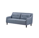 SOFA ESTACIONARIO DE TRES ASIENTOS TAPIZADO EN TELA GRIS Y PATAS NEGRAS