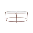 MESA DE CENTRO DE HIERRO CON TOPE DE VIDRIO TRANSPARENTE Y BASE BRONCE