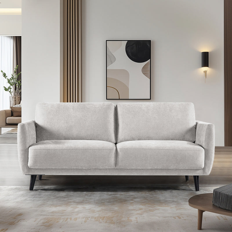 SOFA ESTACIONARIO DE TRES ASIENTOS EN TELA TEXTURIZADA BEIGE Y PATAS NEGRAS
