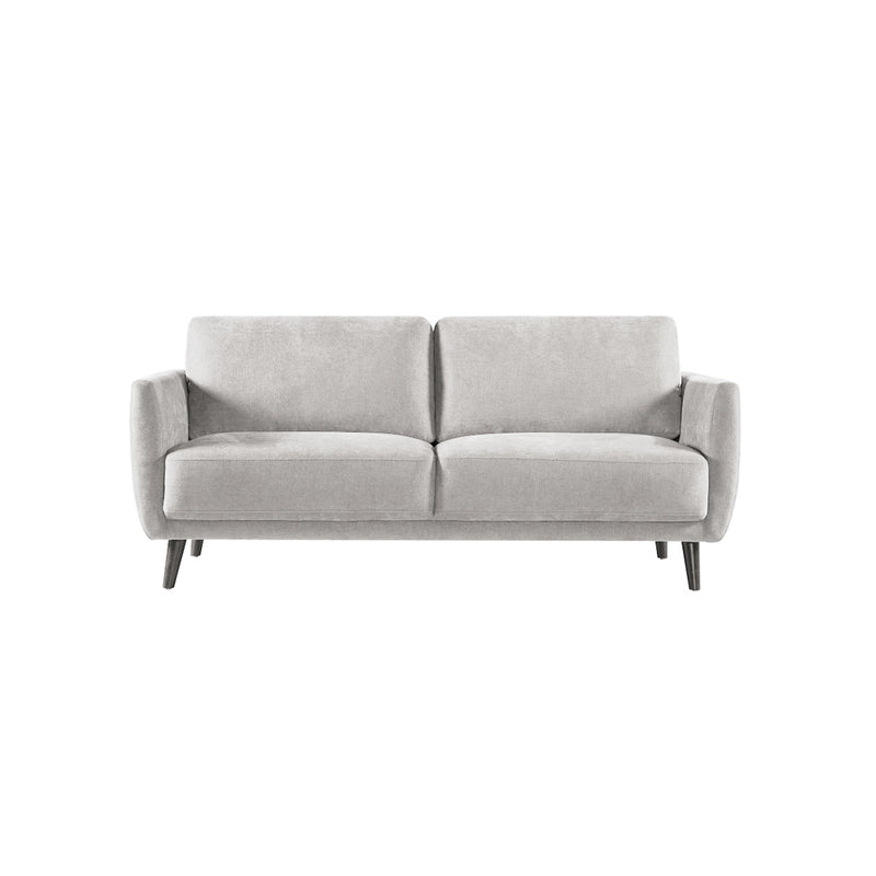 SOFA ESTACIONARIO DE TRES ASIENTOS EN TELA TEXTURIZADA BEIGE Y PATAS NEGRAS
