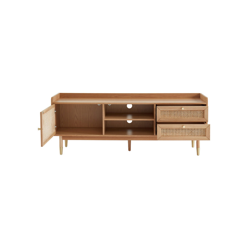 *****MESA DE TV ACABADO DE MADERA NATURAL CON CASQUILLOS DORADOS