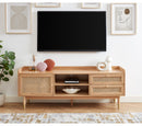 *****MESA DE TV ACABADO DE MADERA NATURAL CON CASQUILLOS DORADOS