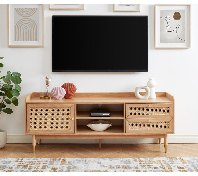 *****MESA DE TV ACABADO DE MADERA NATURAL CON CASQUILLOS DORADOS