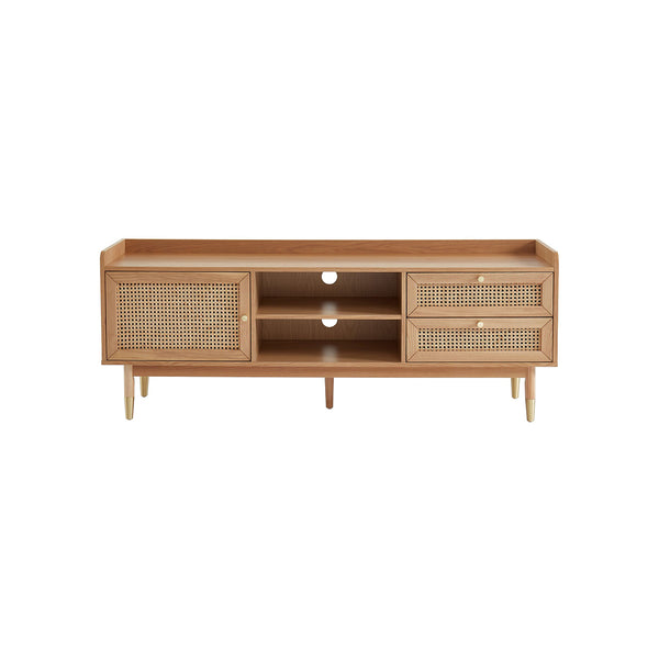 *****MESA DE TV ACABADO DE MADERA NATURAL CON CASQUILLOS DORADOS