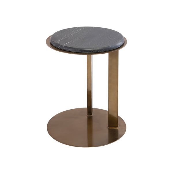 MESA LATERAL TOPE ESTILO MARMOL NEGRO Y BASE DORADA