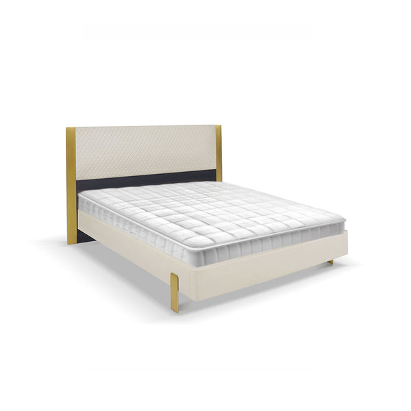 CAMA KING TAPIZADA EN PU CREMA Y PATAS DORADAS
