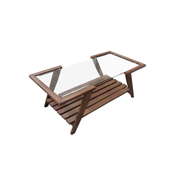MESA DE CENTRO ACABADO DE MADERA Y TOPE DE VIDRIO TRANSPARENTE