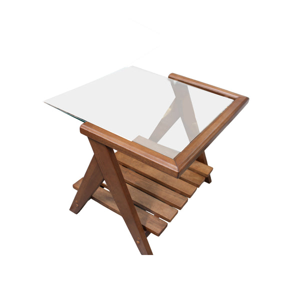 MESA LATERAL ACABADO DE MADERA Y TOPE DE VIDRIO TRANSPARENTE