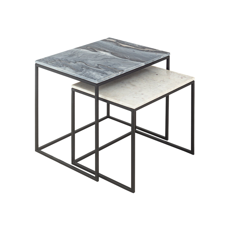 MESA LATERAL TOPE ESTILO MARMOL Y BASE NEGRA SET DE 2