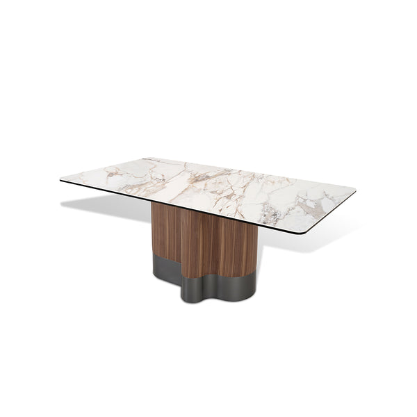 MESA DE COMEDOR RECTANGULAR CON TOPE ESTILO CERAMICA BLANCA Y BASE ACACBADO DE MADERA Y METAL