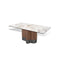 MESA DE COMEDOR RECTANGULAR CON TOPE ESTILO CERAMICA BLANCA Y BASE ACACBADO DE MADERA Y METAL