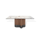 MESA DE COMEDOR RECTANGULAR CON TOPE ESTILO CERAMICA BLANCA Y BASE ACACBADO DE MADERA Y METAL