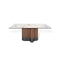 MESA DE COMEDOR RECTANGULAR CON TOPE ESTILO CERAMICA BLANCA Y BASE ACACBADO DE MADERA Y METAL