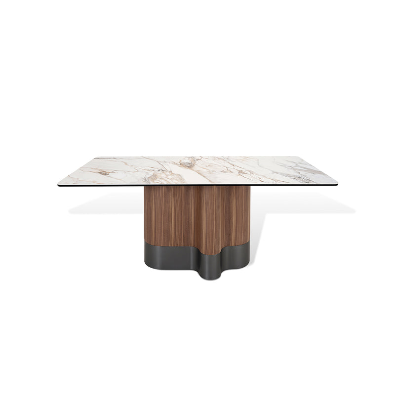 MESA DE COMEDOR RECTANGULAR CON TOPE ESTILO CERAMICA BLANCA Y BASE ACACBADO DE MADERA Y METAL