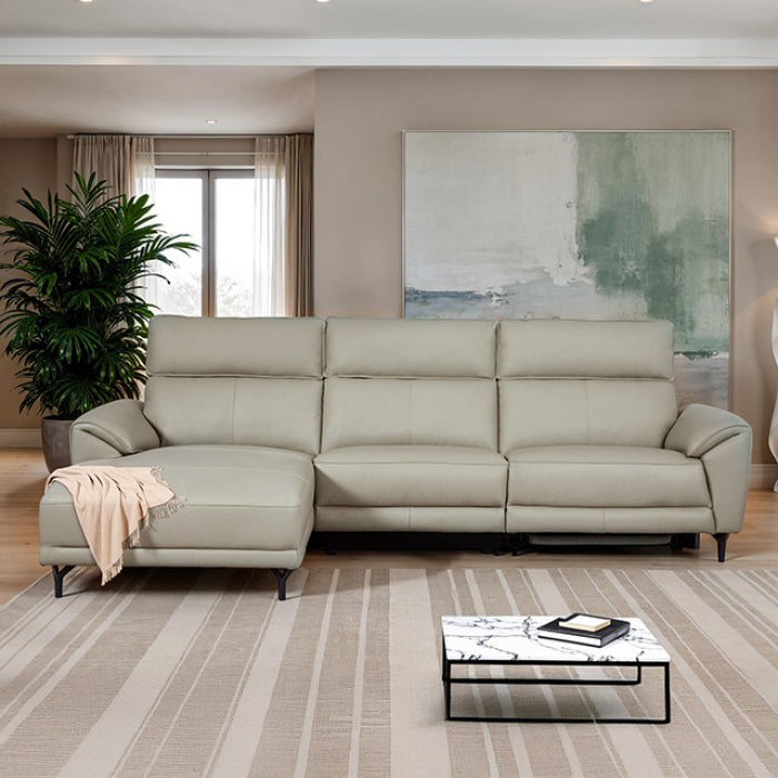 SOFA SECCIONAL RECLINABLE ELECTRICO EN  TELA BEIGE Y PATAS NEGRAS