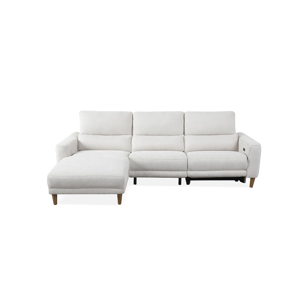 SOFA SECCIONAL RECLINABLE ELECTRICO EN TELA BEIGE Y PATAS ACABADO DE MADERA