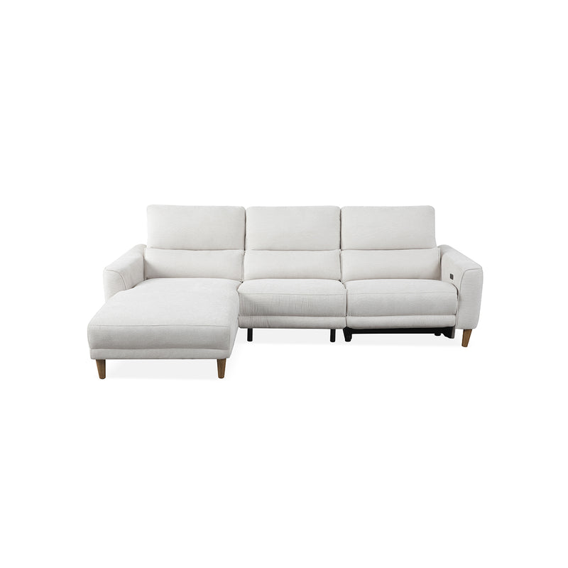 SOFA SECCIONAL RECLINABLE ELECTRICO EN TELA BEIGE Y PATAS ACABADO DE MADERA