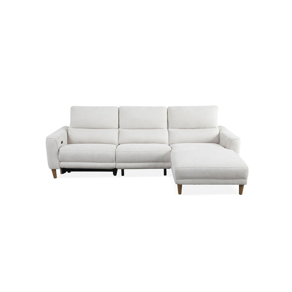 SOFA SECCIONAL RECLINABLE ELECTRICO EN TELA BEIGE Y PATAS ACABADO DE MADERA