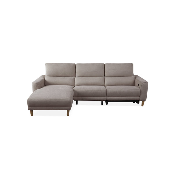 SOFA SECCIONAL RECLINABLE ELECTRICO EN TELA MARRON Y PATAS ACABADO DE MADERA