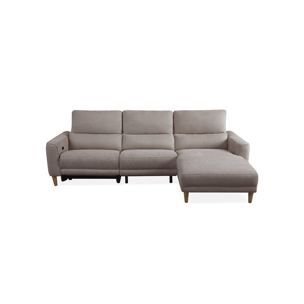 SOFA SECCIONAL RECLINABLE ELECTRICO EN TELA MARRON Y PATAS ACABADO DE MADERA