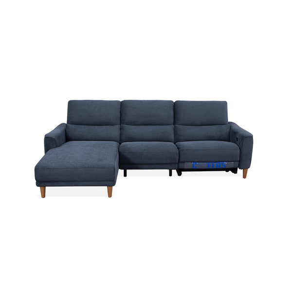 SOFA SECCIONAL RECLINABLE ELECTRICO EN TELA AZUL Y PATAS ACABADO DE MADERA